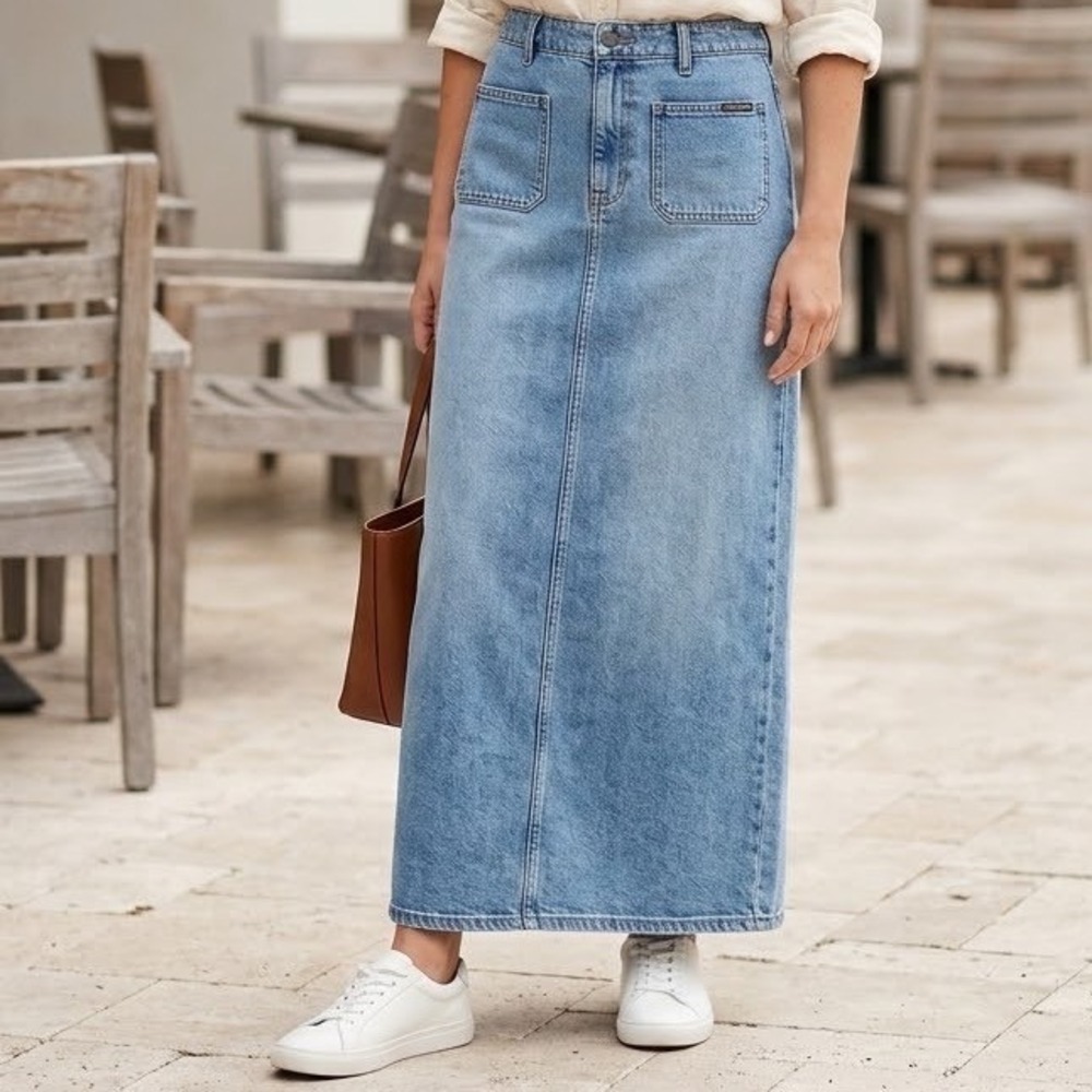 Vintage Y2K Polo Co Ralph Lauren Denim Maxi Skirt Blue Patch Pocket‎ Bias Cut
